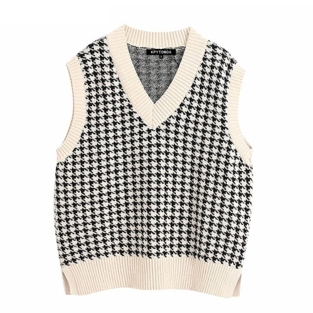 Women  Fashion Oversized Houndstooth Knitted Vest Sweater Vintage Sleeveless Side Vents Female Waistcoat Chic Tops