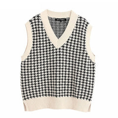 Women  Fashion Oversized Houndstooth Knitted Vest Sweater Vintage Sleeveless Side Vents Female Waistcoat Chic Tops