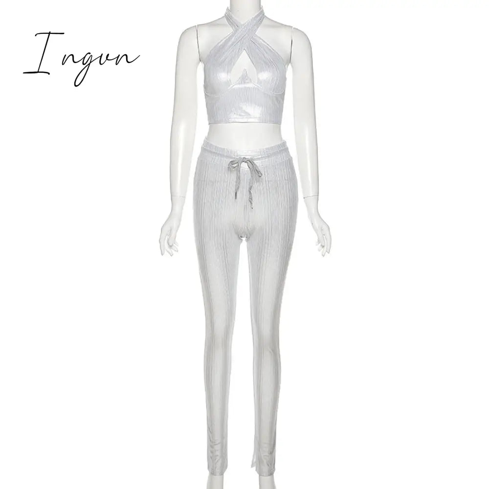 Ingvn - Sexy Bright Women 2-Piece Suits Criss Cross Halter Camisole Tops+Skinny Split Pants Sportswear Female Night Clubwear