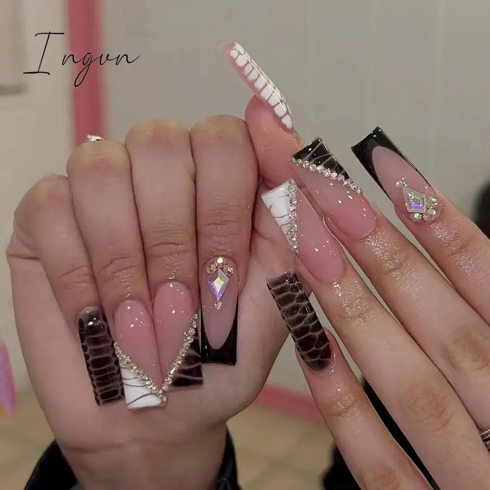 24pcs French rhinstones artifical nails with glue full cover false nails detachable coffin fake nail bling press on nails