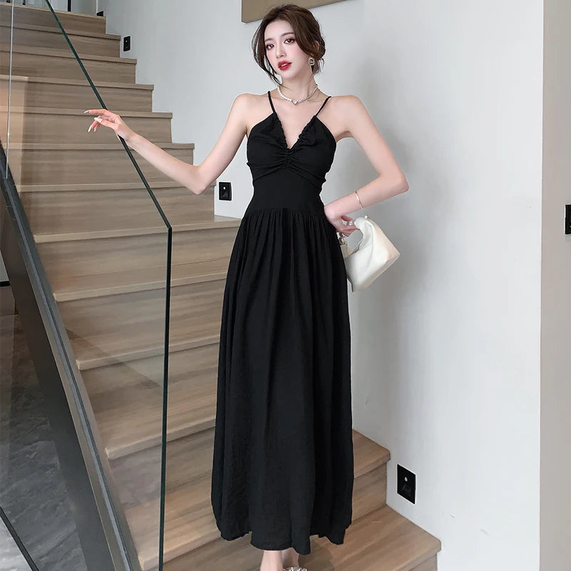New Summer Vintage Print Long Dress Women V-neck Sleeveless Sling Loose Backless Elegant Beach Holiday Fairy Dresses