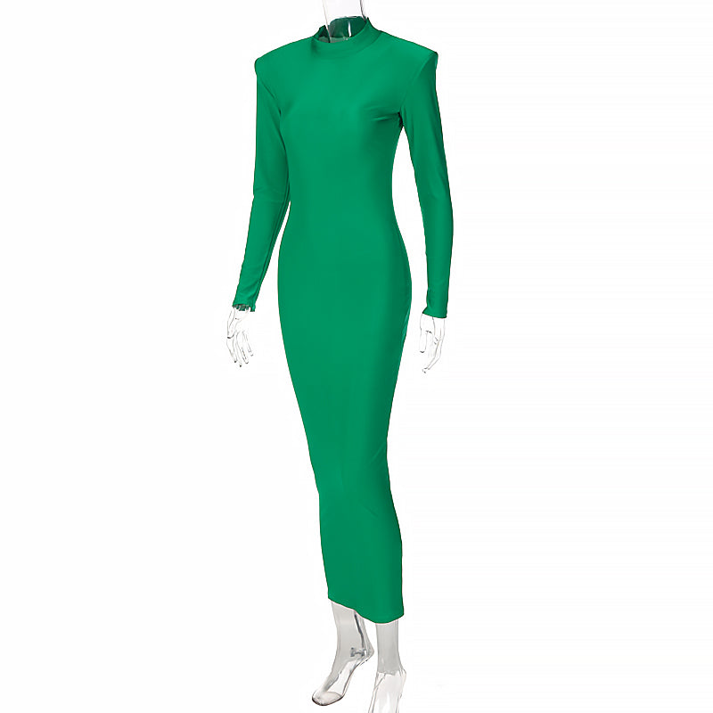 Solid Long Sleeve With Shoulder Pads Turtleneck Maxi Dress New Year Women Fashion Streetwear Elegant Skinny
