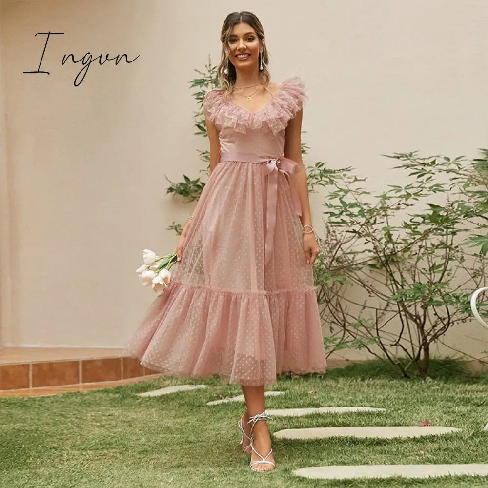 Ingvn - Fashion Trends V-neck mesh polka dot summer tulle party dress women Backless pink ruffle sleeveless dresses Elegant sash maxi vestido