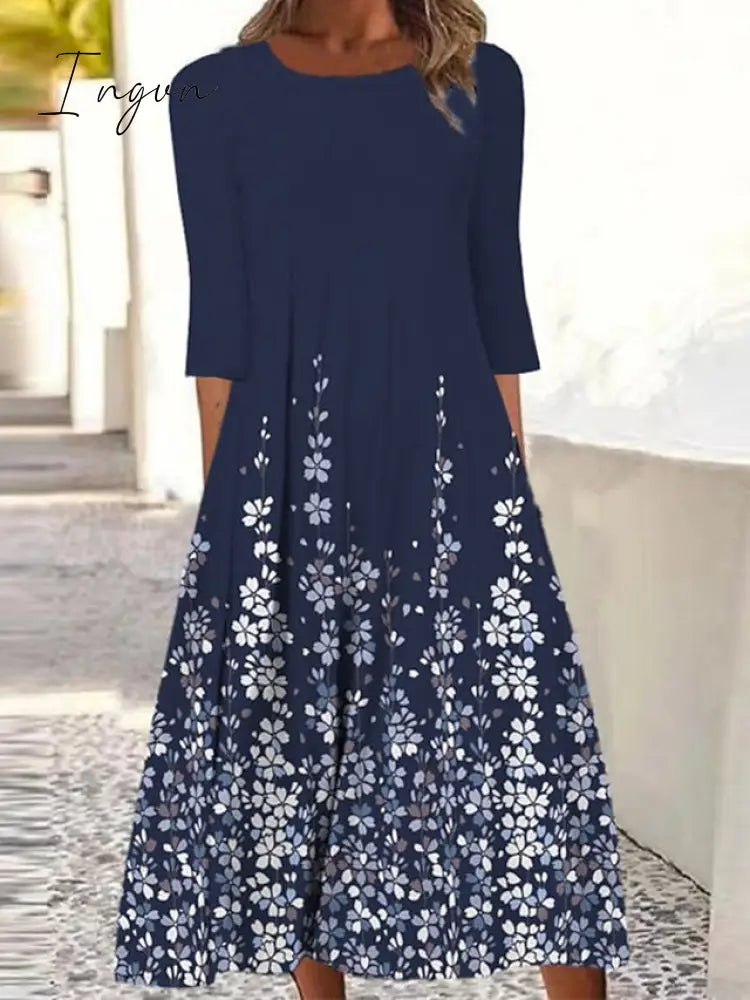 Ingvn - Women's Casual Dress Shift Dress Midi Dress Navy Blue 3/4 Length Sleeve Floral Ruched Summer Spring Crew Neck Basic Vacation Fall Dress Summer Dress 2023 S M L XL XXL 3XL
