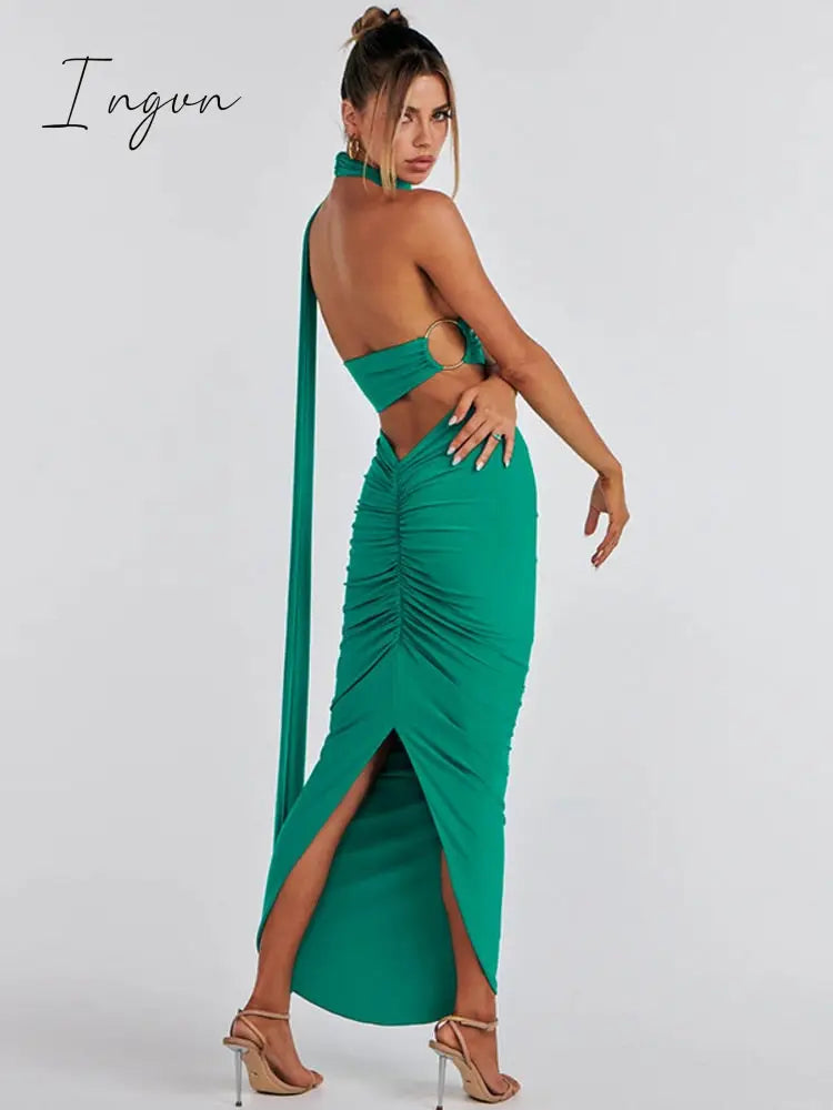 Ingvn - Fashion Backless Sexy Dress Set Women Halter Back Strap Crop Top And Maxi Skirt Female Elegant Bodycon Two Piece Set