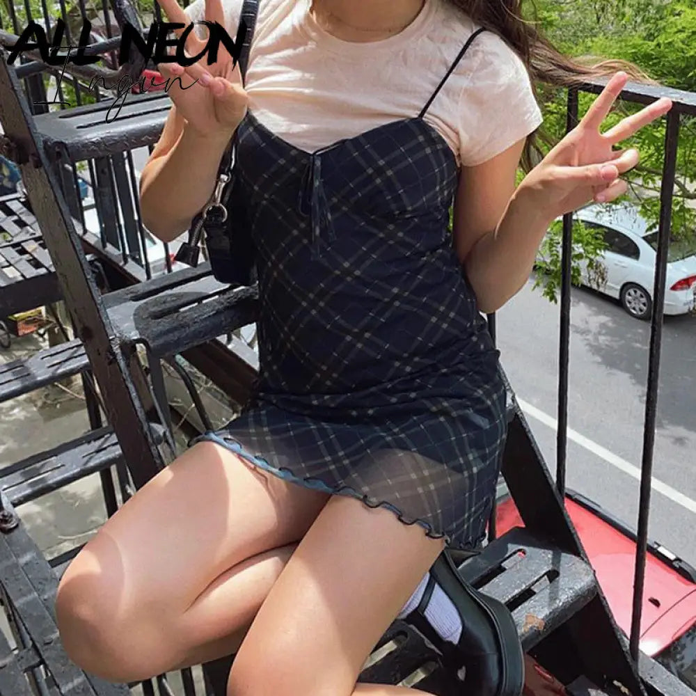 Ingvn - E-Girl 90s Spaghetti Strap Bandage Front Ruffles Plaid Dresses Vintage Mesh V-neck Backless A-line Mini Dress Partywear