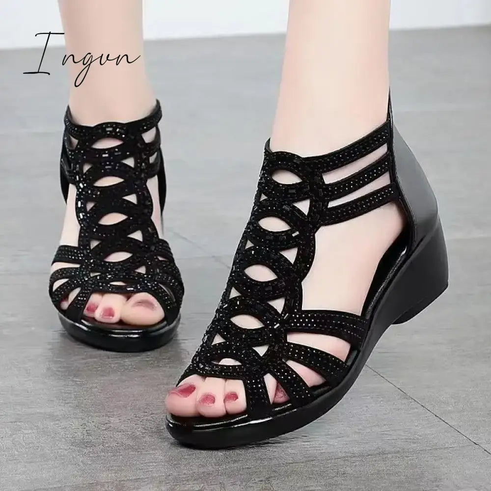 Ingvn - 2024 Women's Sandals Soft and Comfortable Wedge Heel Platform Roman Shoes Fashion Casual Hollow Breathable Rhinestone Sandals