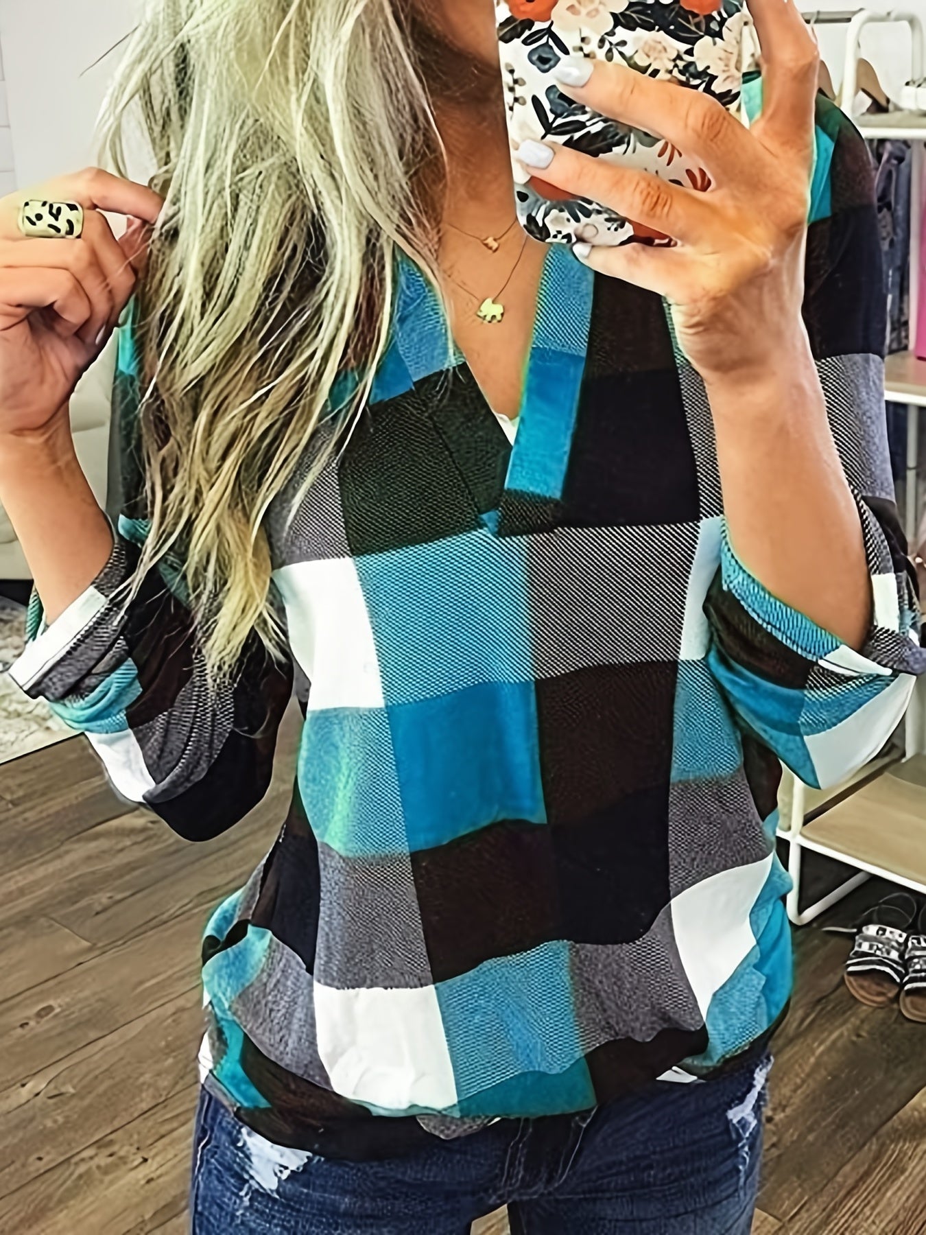 Casual Plaid Shirt, Long Sleeve V-neck Shirt, Casual Every Day Tops, Women's Clothing