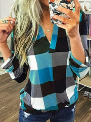 Casual Plaid Shirt, Long Sleeve V-neck Shirt, Casual Every Day Tops, Women's Clothing