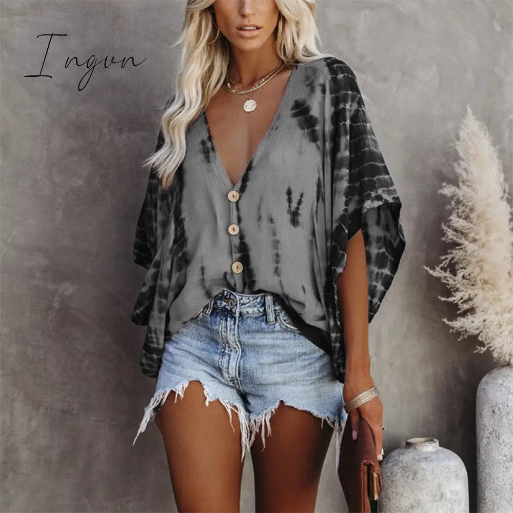 Ingvn - Summer Fashion Oversized Deep V-neck Women's Shirt Tie Dye Vintage Print Button Batwing Sleeve Top Female Casual Loose Cardigan