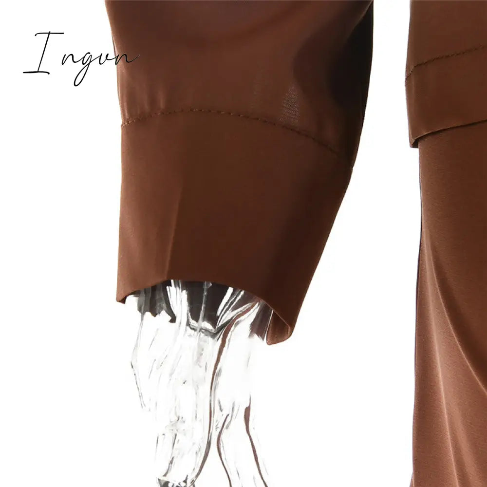 Ingvn - Turn-down Collar Button Women Two Piece Set Brown Long Sleeve Top High Waist Skirt Women Autumn Sexy Slim Office Outfits