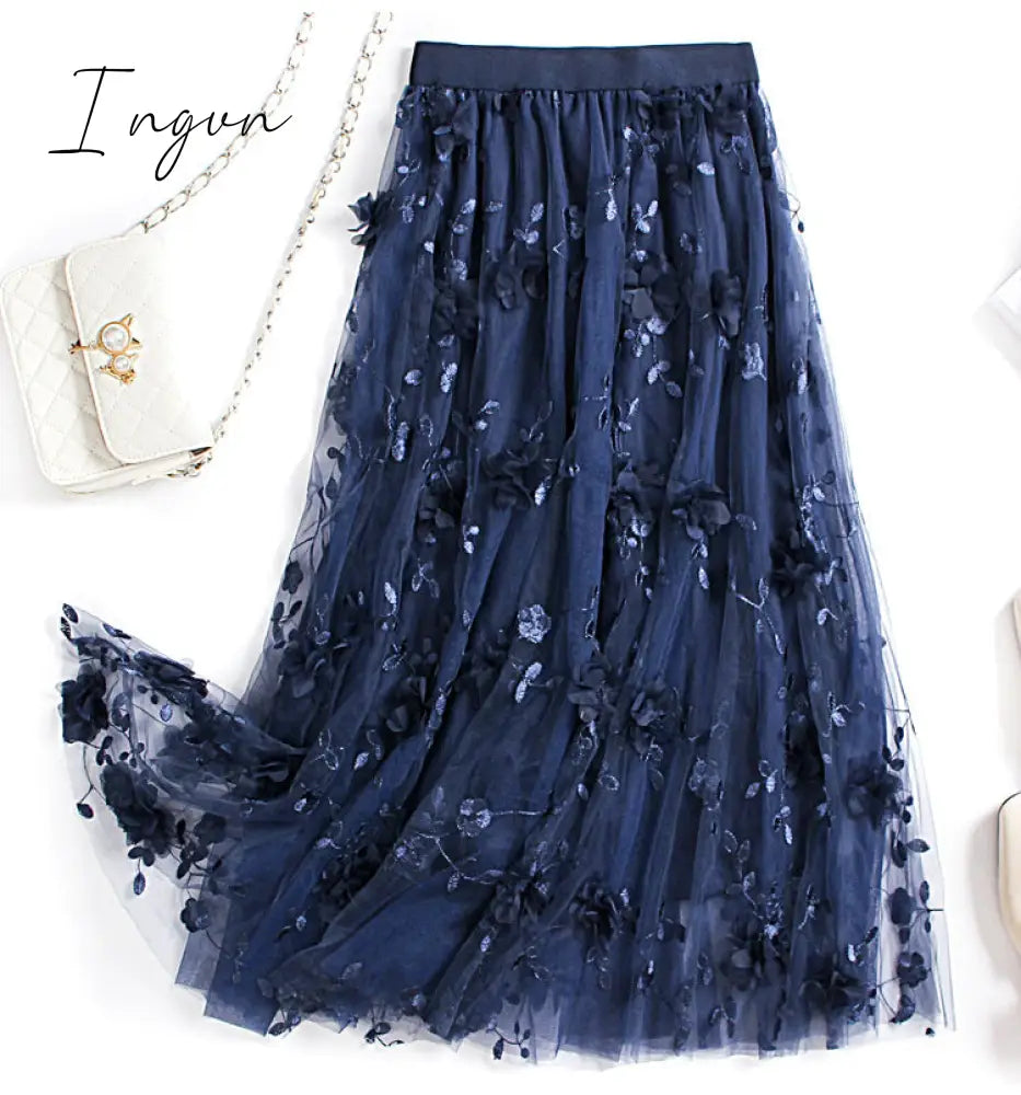 Ingvn - Luxury Woman Skirts Korean style Fashion Elastic Waist Appliques Embroidery Floral Mesh Skirt Long Gauze Ball Gown Skirt