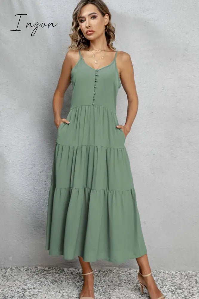 Ingvn - V-Neck Sleeveless Spaghetti Straps Midi Dress