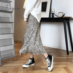 Ingvn - Satin Leopard-print Skirt Female 2023 Summer High Waist Hip-covered Fish Tail A- Line Skirt