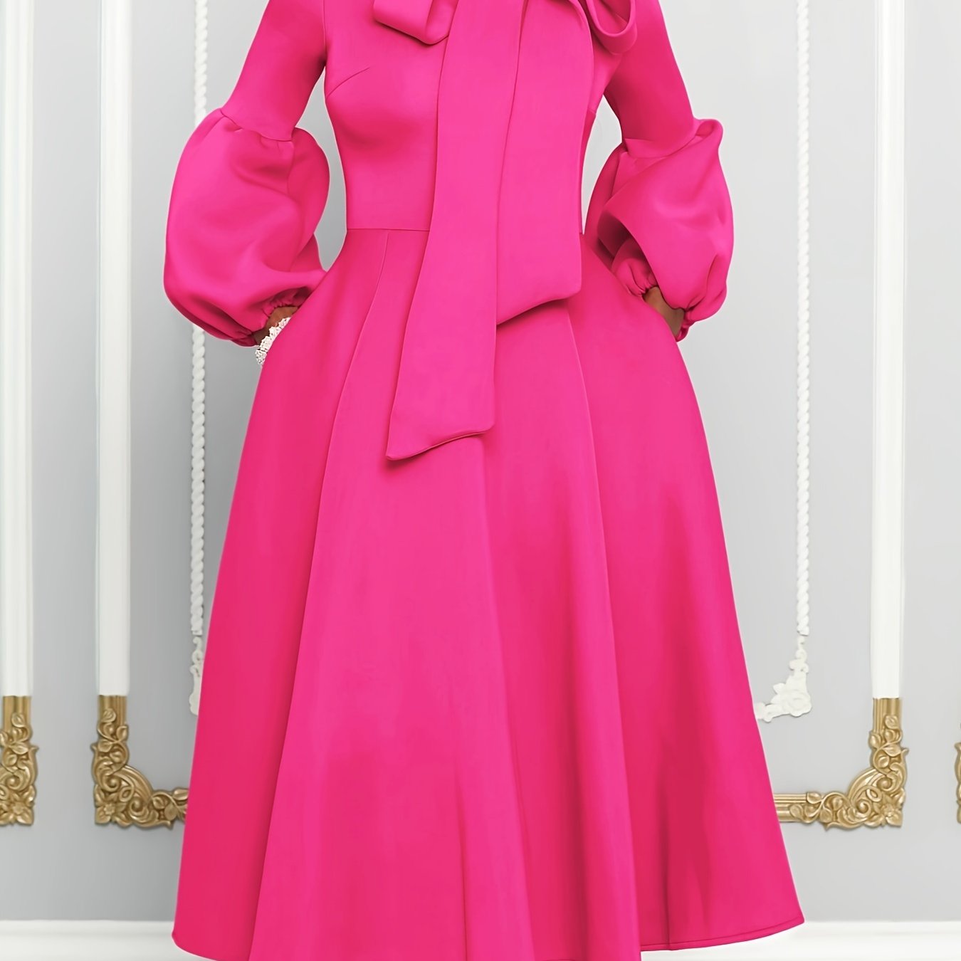 Solid Color Tie Neck Aline Dress, Elegant Ruffle Trim Lantern Sleeve Dress For Spring & Fall, Women's Clothing