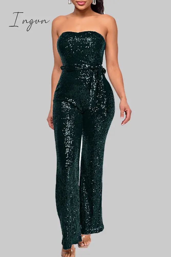 Ingvn - Street Solid Bandage Sequins Patchwork Strapless Regular Jumpsuits(5 Colors)