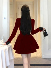 French Christmas Velvet Womens Dresses Elegant Bow Lace-up Birthday Party Short Dress Autumn Winter Female A-Line Vestidos New