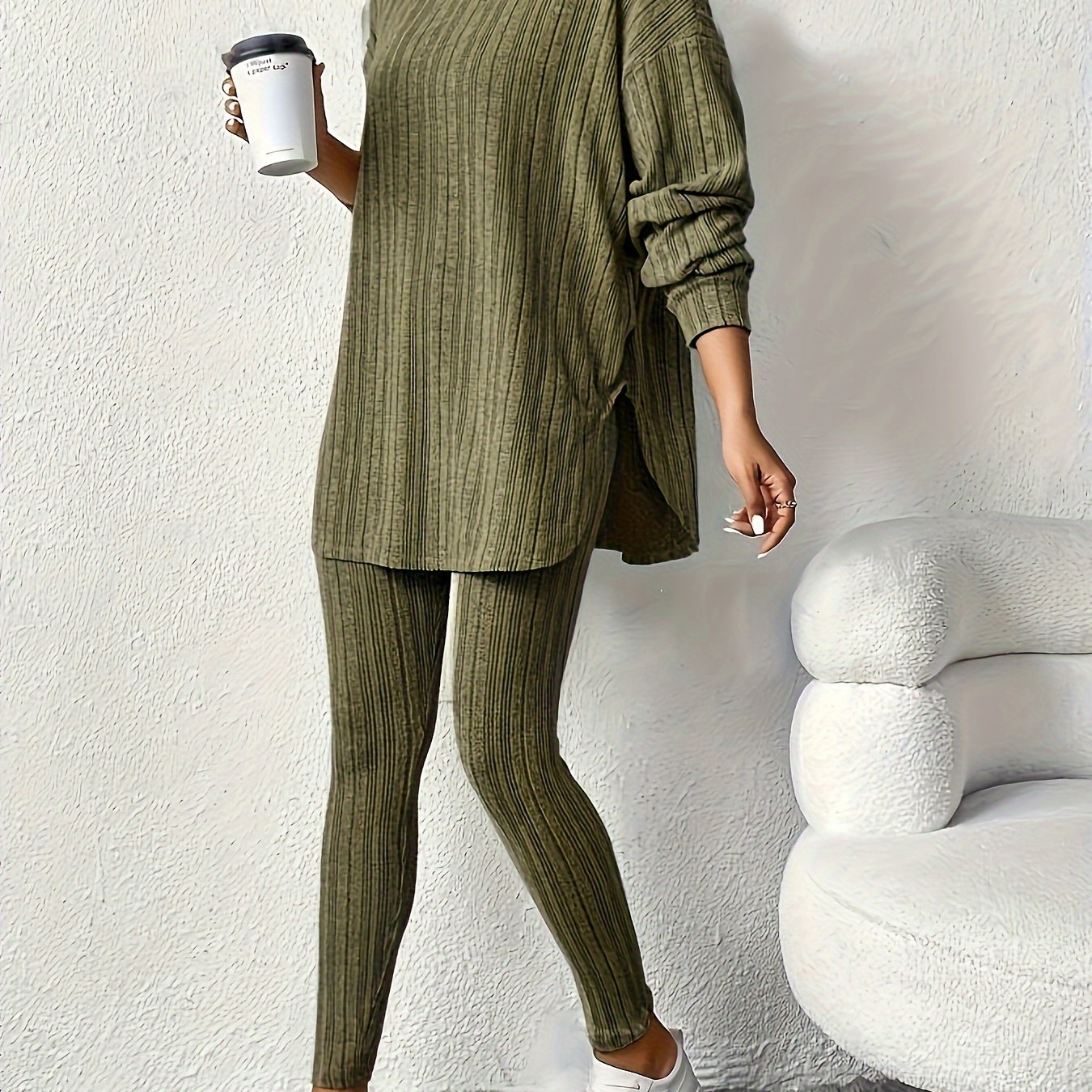 Sleek Duo, Elegant Solid Color Ribbed Hoodie & Leggings Set for Women - Long Sleeve, Polyester Blend, Machine Washable - Perfect for Spring/Fall