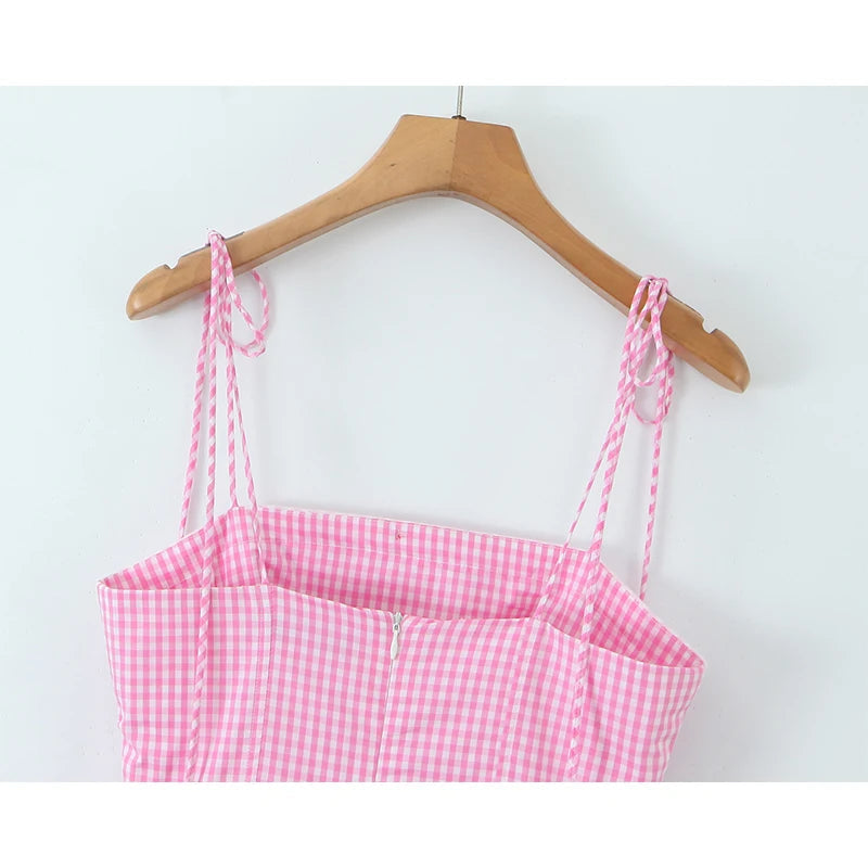 Sexy Spaghetti Straps pink Plaid Mini Dress Women Embroidery Lace Spliced Elegant A-line Summer Dresses Party Robe 2025