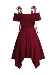 2025 Women's Cold Shoulder Dresses Lace Up Asymmetric Dress Tie Knot Shoulder Chain Solid Color Short Sleeve Dress