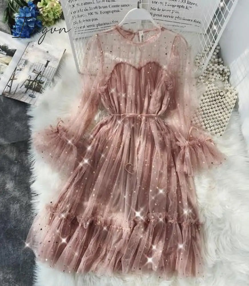 Ingvn - New Female O-neck Stars Sequined Mesh Shiny Fairy Dress Women Elegant Bling Gauze Princess Puff Dresses Vestidos De Fiesta