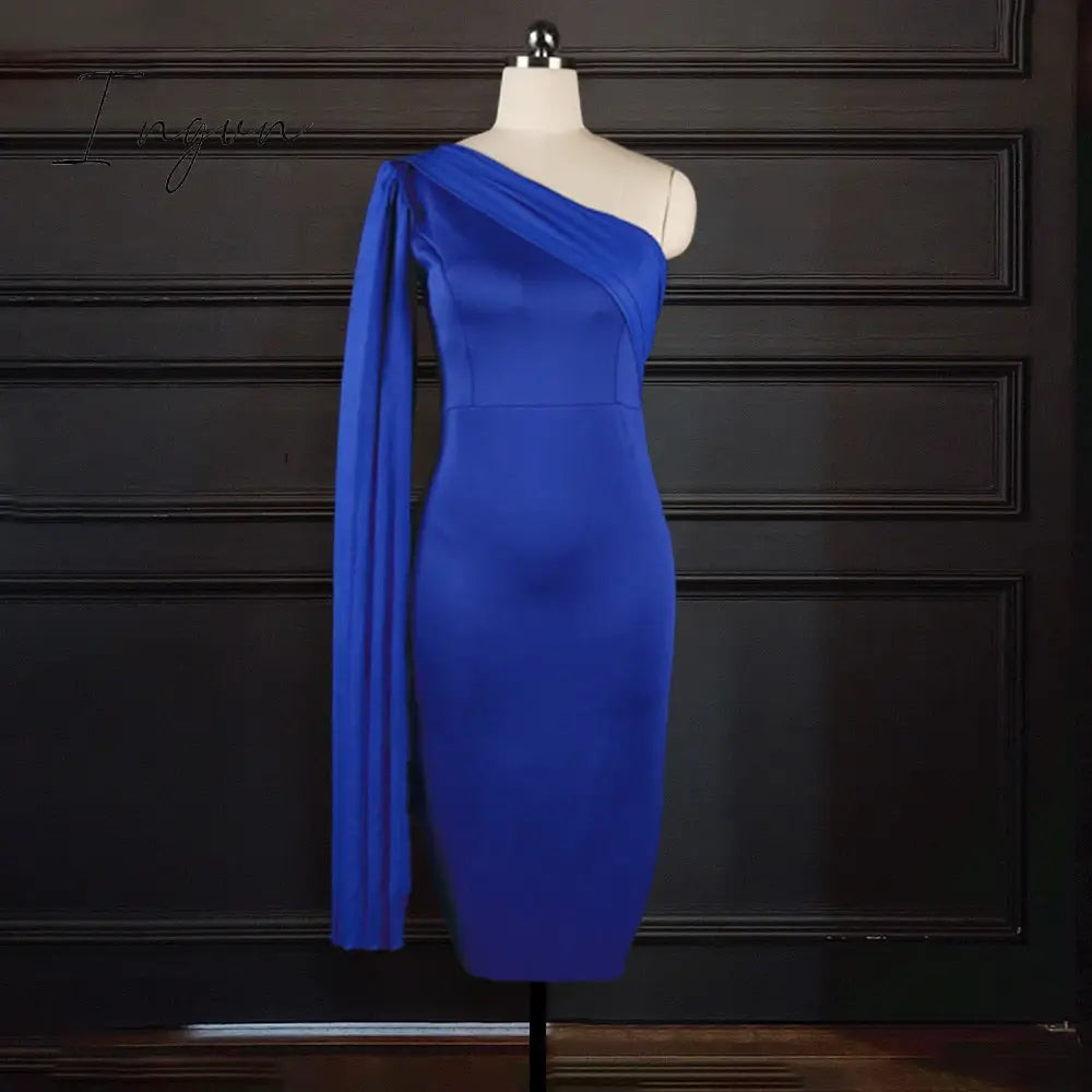 Ingvn - womens fashion Women Party Dress Blue Elegant Celebrity Sexy One Shoulder Ruched Ribbon Bodycon Plus Size Red Dinner Date Out Night Dresses XL