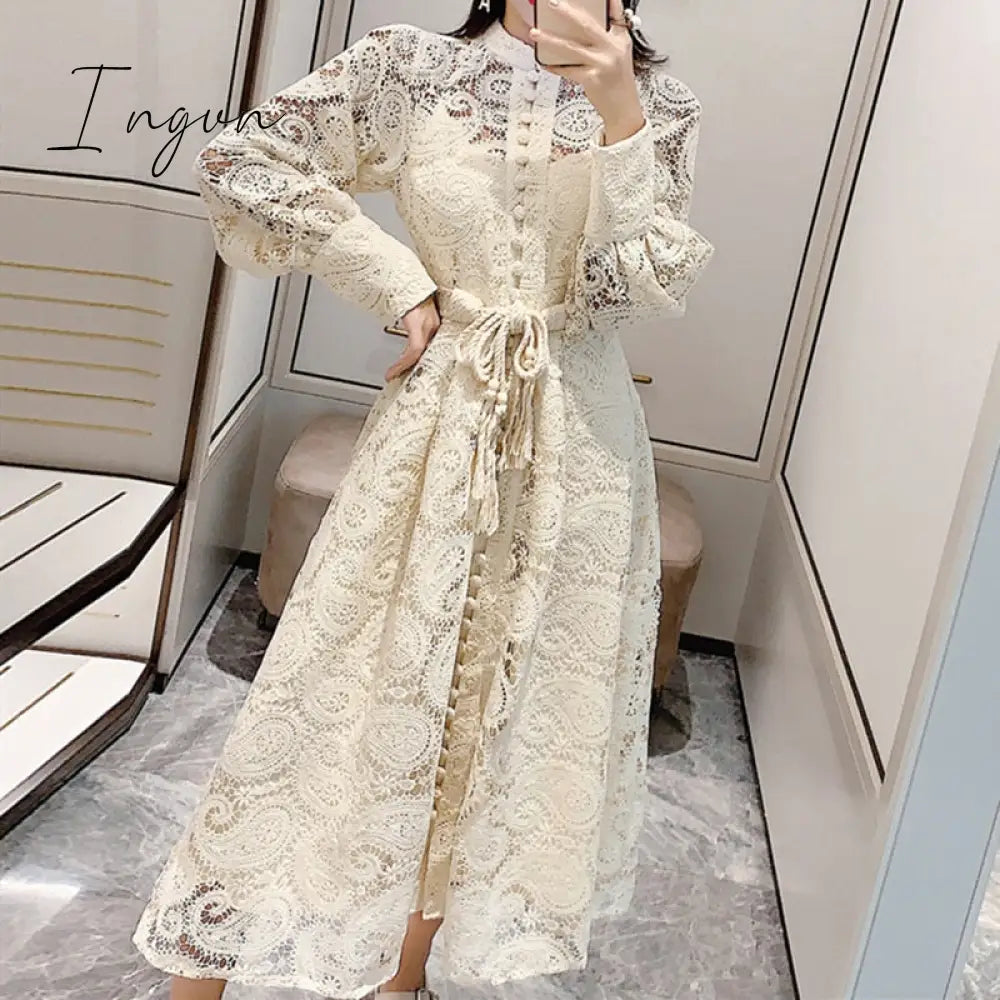 Ingvn - Midi Dress Luxury Elegant A-Line Party Belt Hollow Out Lace Embroidery Dresses Women Spring Long Sleeve Vintage
