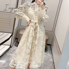 Ingvn - Midi Dress Luxury Elegant A-Line Party Belt Hollow Out Lace Embroidery Dresses Women Spring Long Sleeve Vintage
