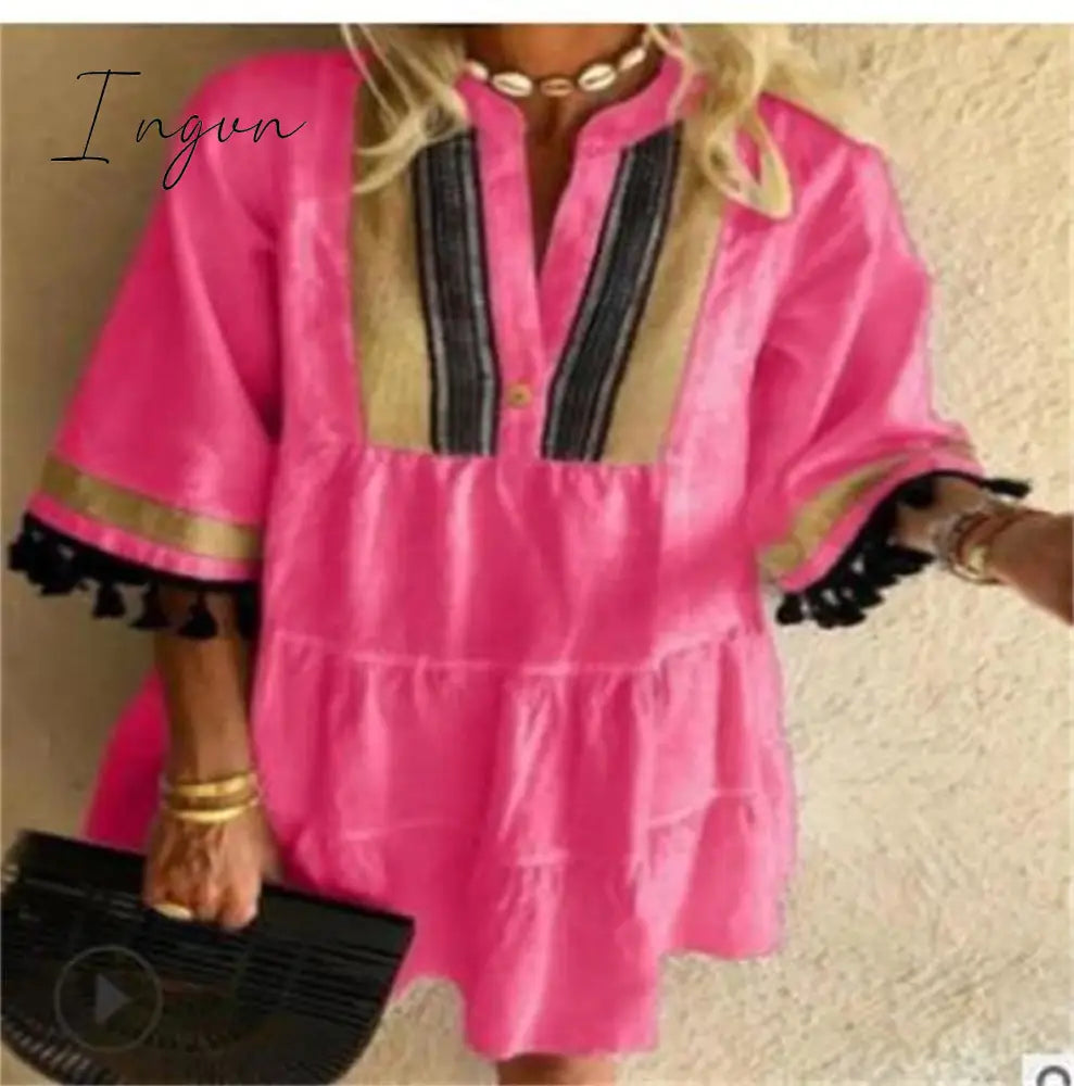 Ingvn - Fashion Tassel Sleeve Women Dress V Neck Lady Patchwork Dress Loose Casual Empire Knee Length Tassel Sleeve Dress