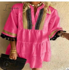 Ingvn - Fashion Tassel Sleeve Women Dress V Neck Lady Patchwork Dress Loose Casual Empire Knee Length Tassel Sleeve Dress