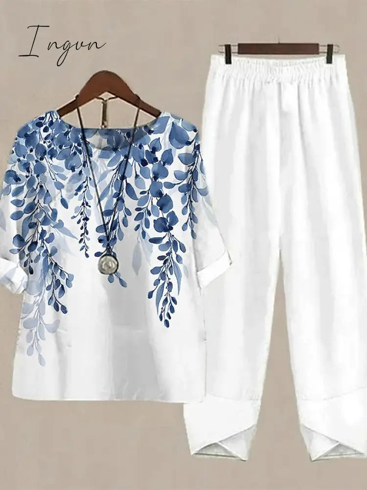 Ingvn - Women's Shirt Pants Sets Pants Trousers Basic White Pink Holiday Weekend Graphic Striped Print Round Neck S M L XL 2XL