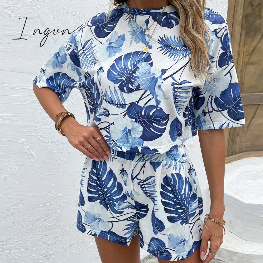 Ingvn - Floral Print Round Neck Dropped Shoulder Top and Shorts Set