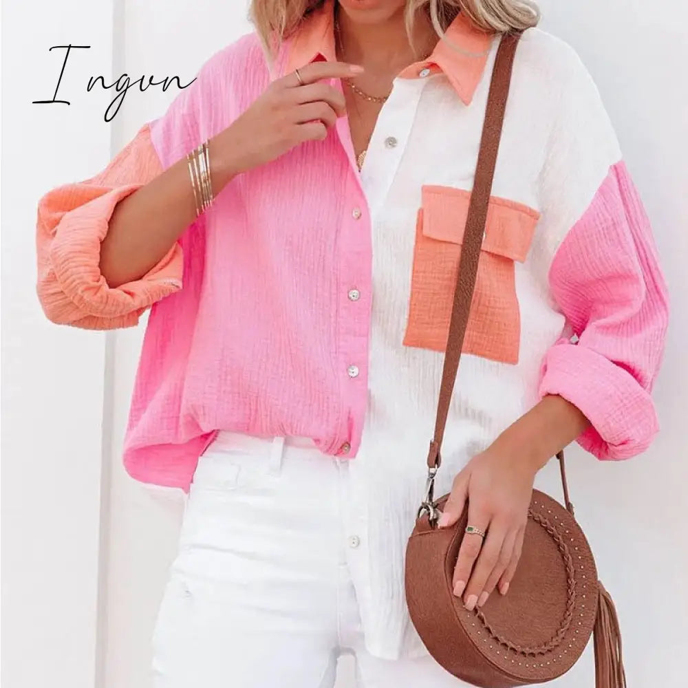 Ingvn - New Spring Summer Fashion Women New Patchwork Shirt Elegant Commute Contrast Lapel Buttons Cardigan Streetwear Ladies Casual Blouses