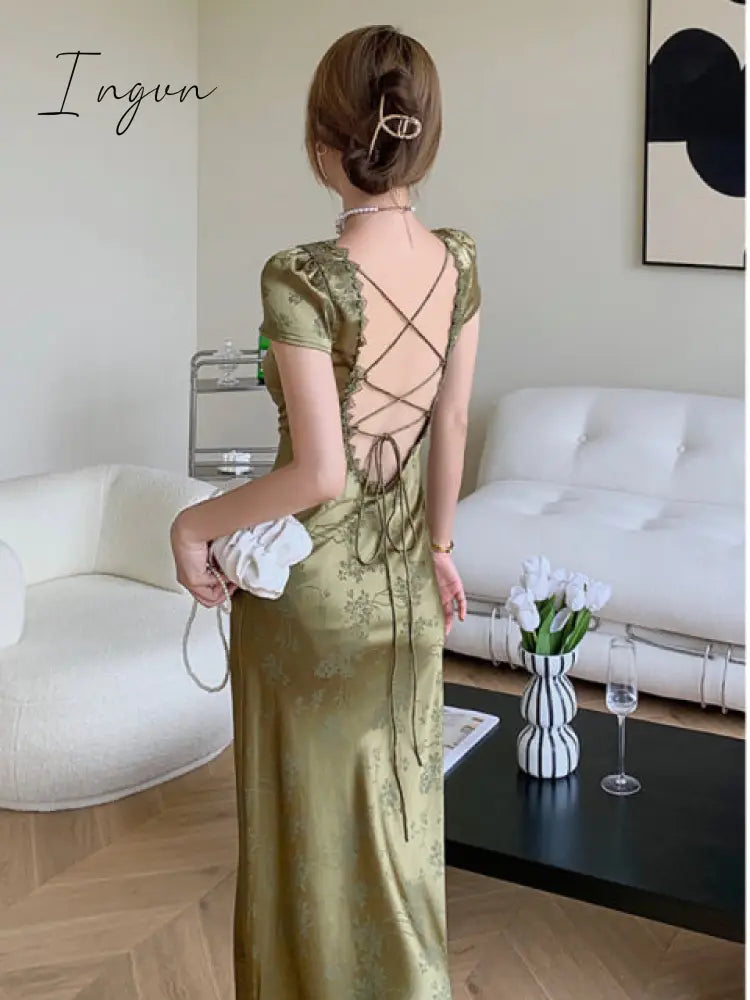 Ingvn - Elegant Women Green Satin Backless Mixi Dress Vintage Palace Bodycon Party Dresses Lace Bandage V-Neck Prom Robe Summer Vestidos
