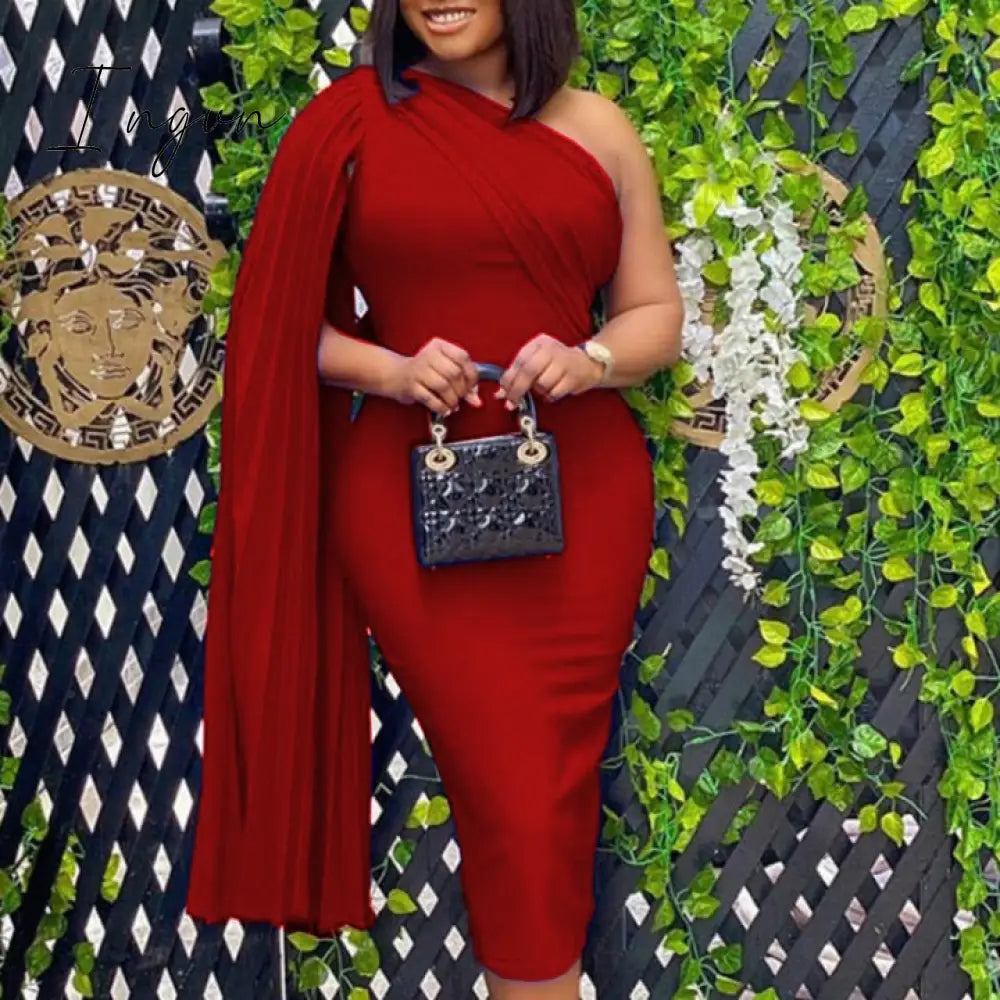 Ingvn - womens fashion Women Party Dress Blue Elegant Celebrity Sexy One Shoulder Ruched Ribbon Bodycon Plus Size Red Dinner Date Out Night Dresses XL