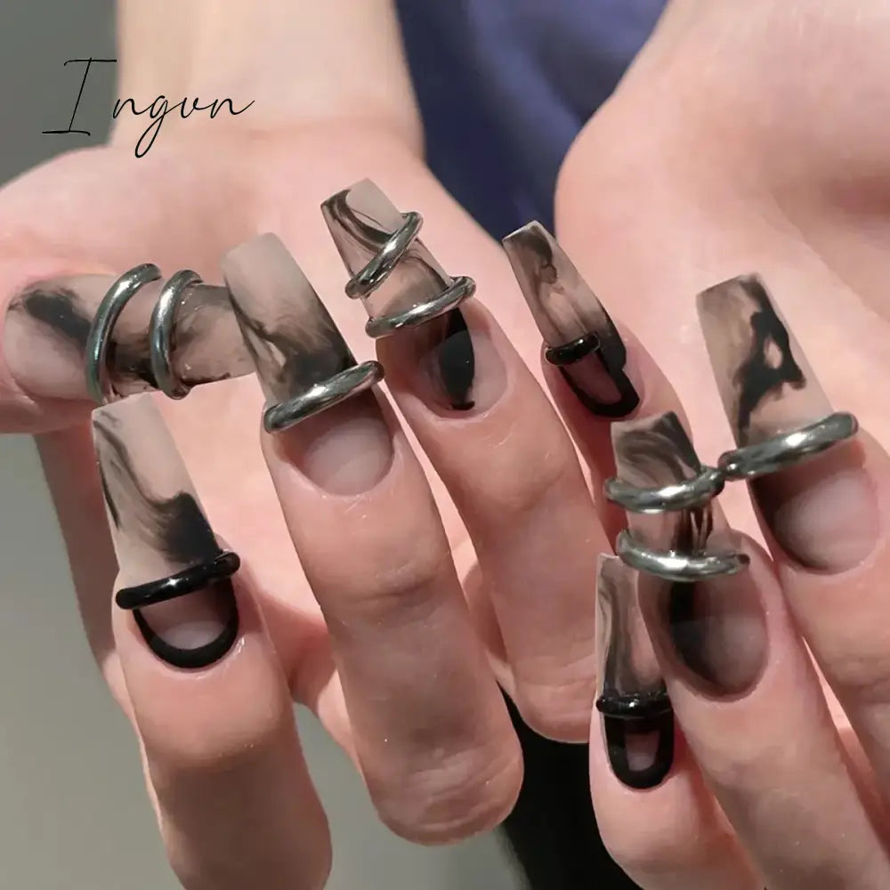 24Pcs Y2k Nails Set Press On False Nails Coffin Fake Nails with Charm Gradient Black Designs Reusable Artificial Nail Tips 2024