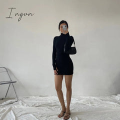 Ingvn - Autumn Fashion Sexy Solid Turtleneck Skinny Mini Dress Women Rib Knit Keep Warm Long Sleeve Slim Dress Streetwear