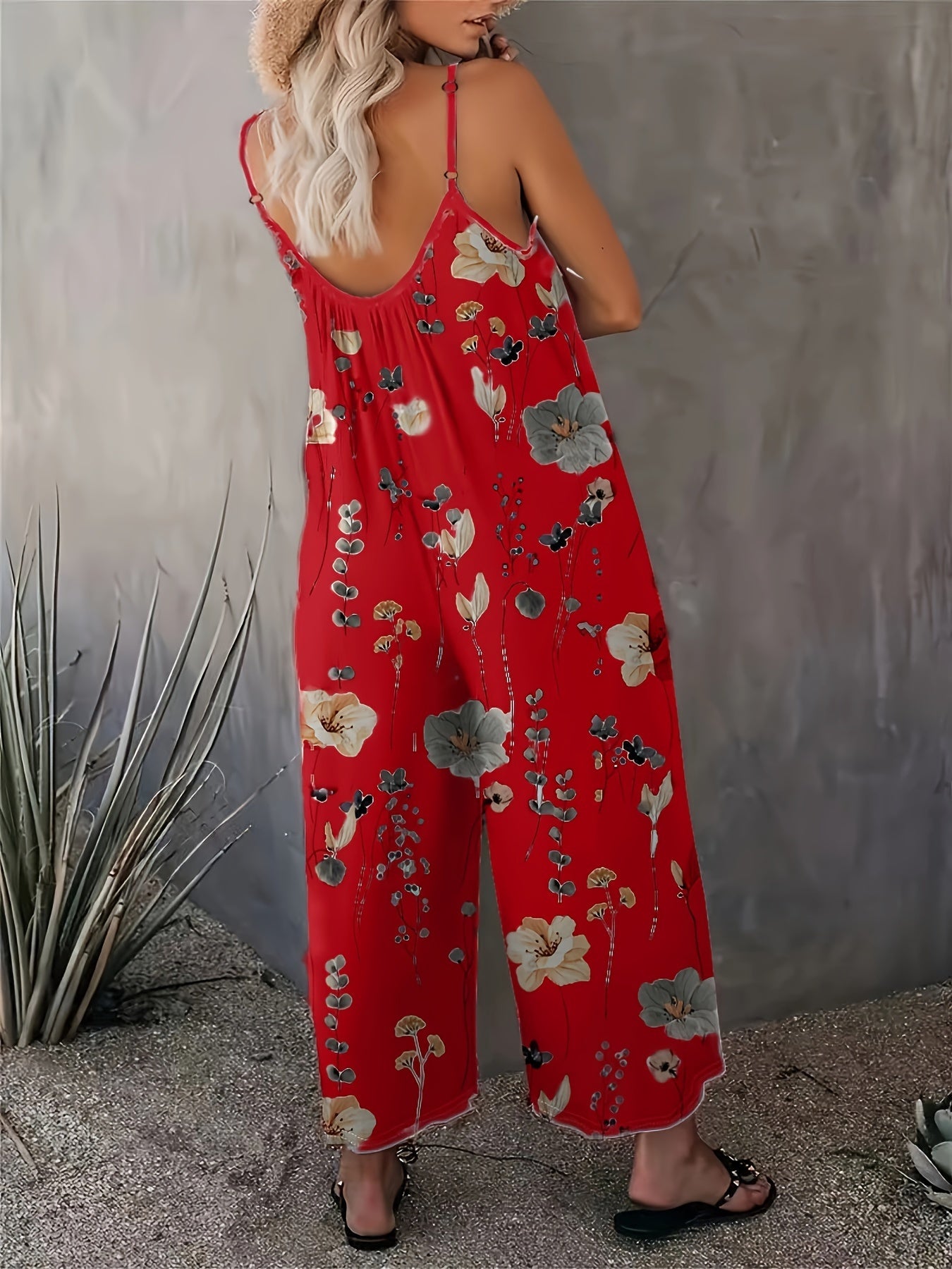 Floral Print Cami Jumpsuit, Casual Sleeveless Jumpsuit With Pockets For Spring & Summer, Women's Clothing