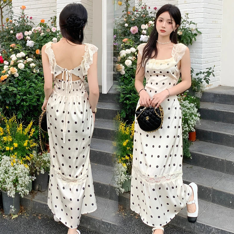 Elegant Party Sleeveless Midi Dresses for Women Summer Korean Casual Fashion Sexy Backless Lace Patchwork Female Clothing