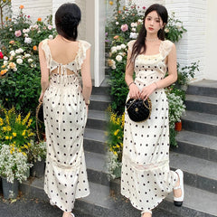 Elegant Party Sleeveless Midi Dresses for Women Summer Korean Casual Fashion Sexy Backless Lace Patchwork Female Clothing