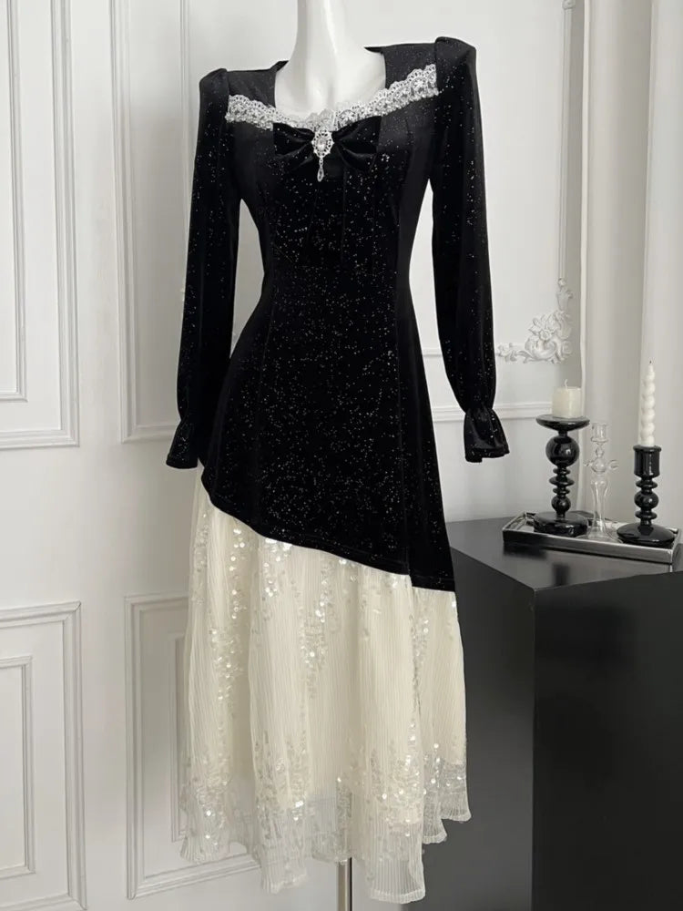 Autumn Winter Sequins Womens Dresses Velvet Mesh Patchwork Square Collar Flare Sleeves Birthday Party Dress A-Line Vestidos Robe