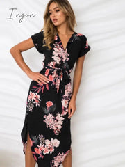 Ingvn - 2023 Summer Beach Maxi Dress Women Floral Print Boho midi Dress Ruffles Wrap Casual V-Neck Split Sexy Party Dress Robe