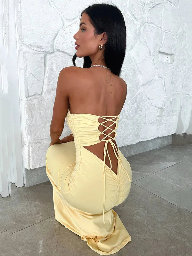 Sexy Sleeveless Bodycon Hollow Out Dress For Women Lace Up Pleats Slim Maxi Female Vestidos Elegant Party Evening Dress