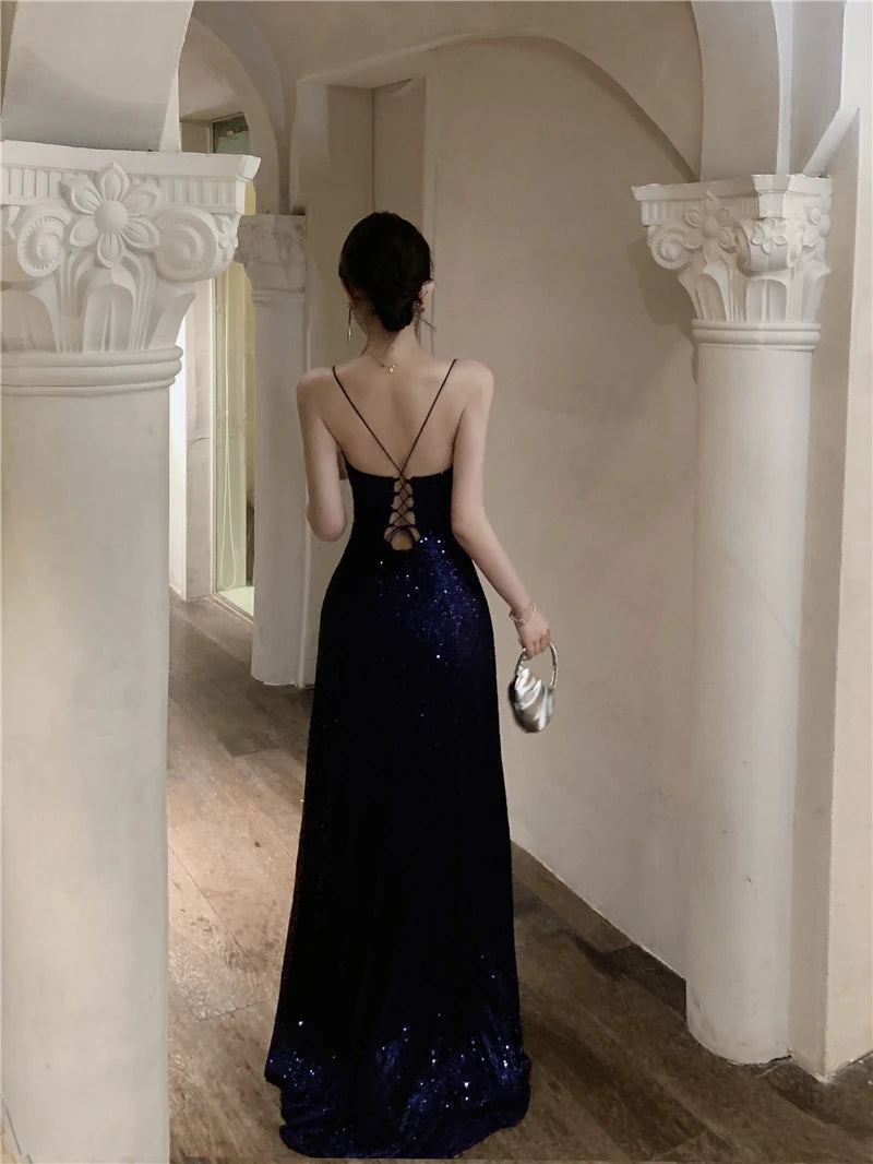 Elegant Backless Split Sequin Long Dresses for Women Summer Sexy Fashion Luxury Slim Bandage Robe Evening Party Female Clothing