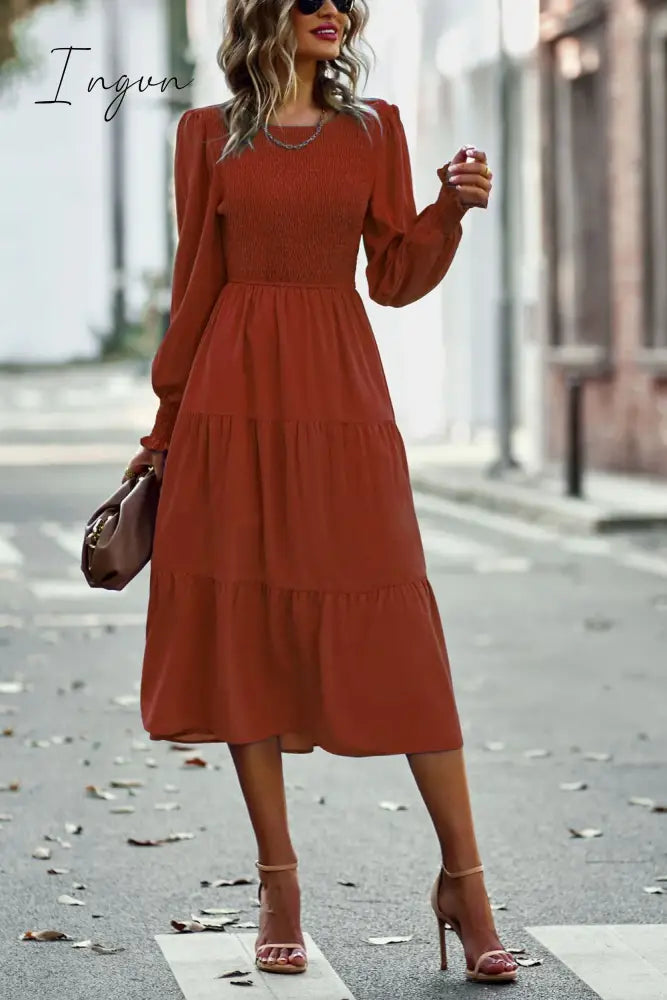 Ingvn - Smocked Long Puff Sleeve Tiered Midi Dress
