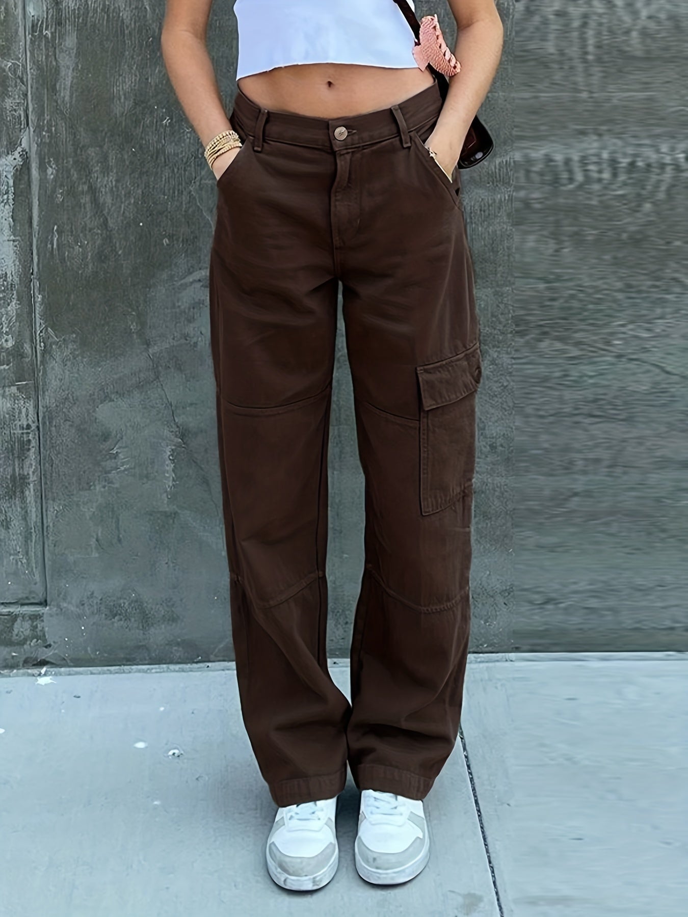 Wide Leg One Side Square Pocket Cargo Pants, Denim Loose Baggy Fit Straight Legs Trousers, Y2K Kpop Vintage Style Women's Jeans
