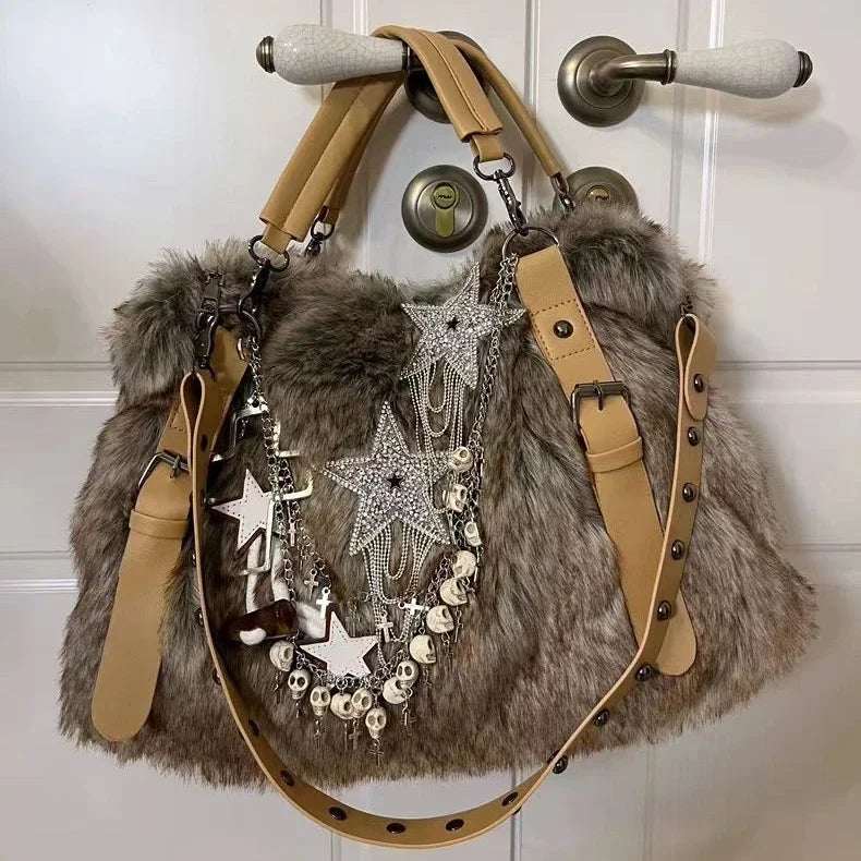 Ingvn  Y2k Gothic Womens Tote Bag Fluffy Harajuku Fashion Chains Patchwork Winter Shoulder Bag Vintage New Large Capacity Handbag