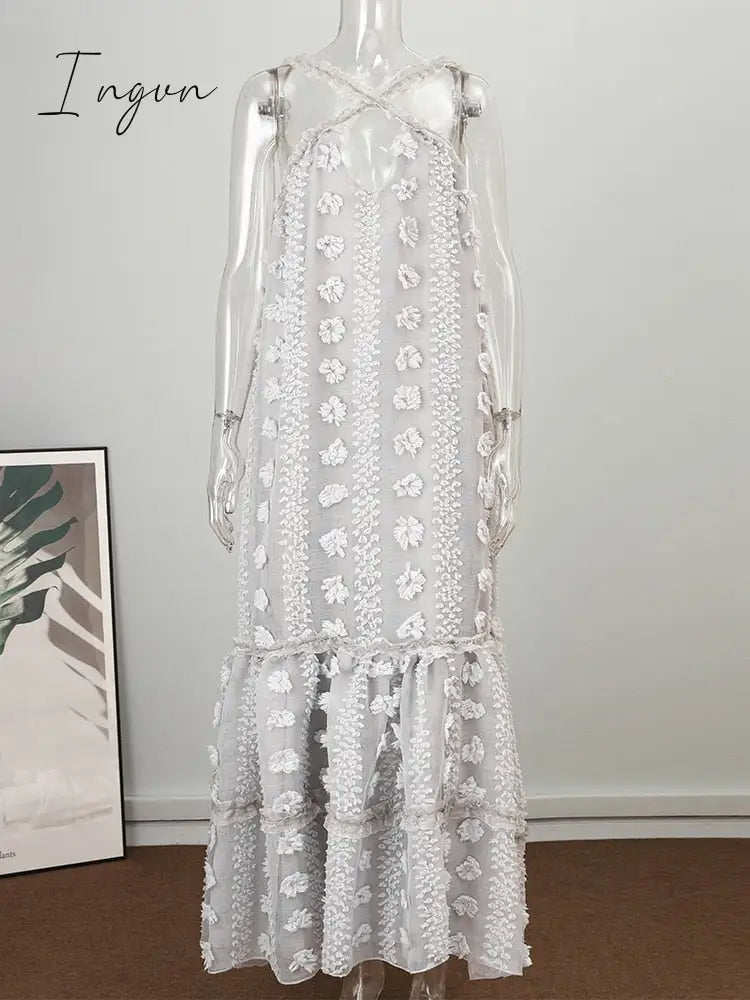 Ingvn - Sleeveless Halter Maxi Summer Dress For Women Fashion Ruffle Beach Long Robe Elegant Slip Holiday Hollow Out Sundress