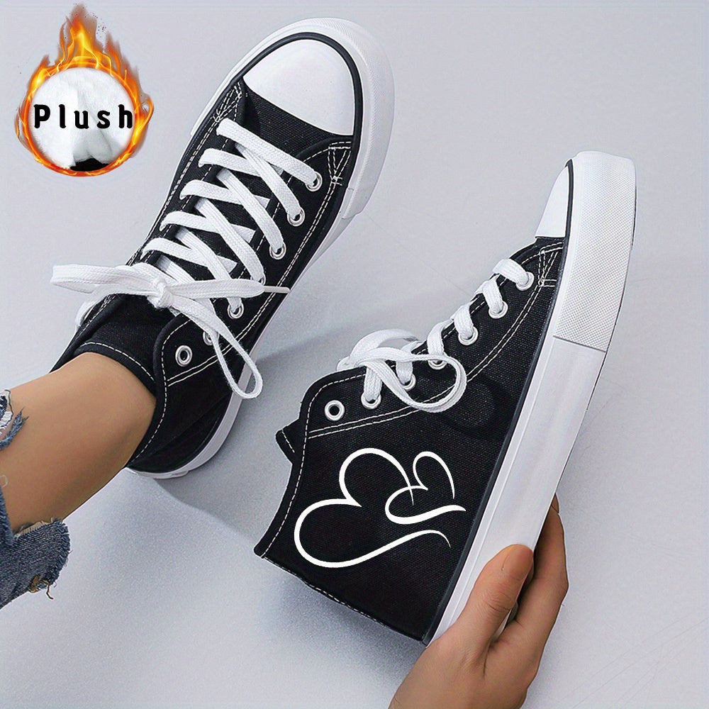 Ladies' Black and White Canvas Sneakers with Heart Design - Lightweight, Cartoon Print, All-Season, Random Print, Fabric Upper, Inner Liner, and Rubber Sole