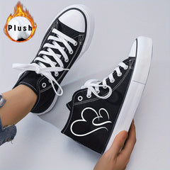 Ladies' Black and White Canvas Sneakers with Heart Design - Lightweight, Cartoon Print, All-Season, Random Print, Fabric Upper, Inner Liner, and Rubber Sole